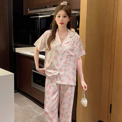 莫代尔冰丝睡衣女夏天短袖长裤感薄款网红风春秋夏季家居服套装 FS-9905水蜜桃【短袖+长裤】 M :【适合75-95斤】