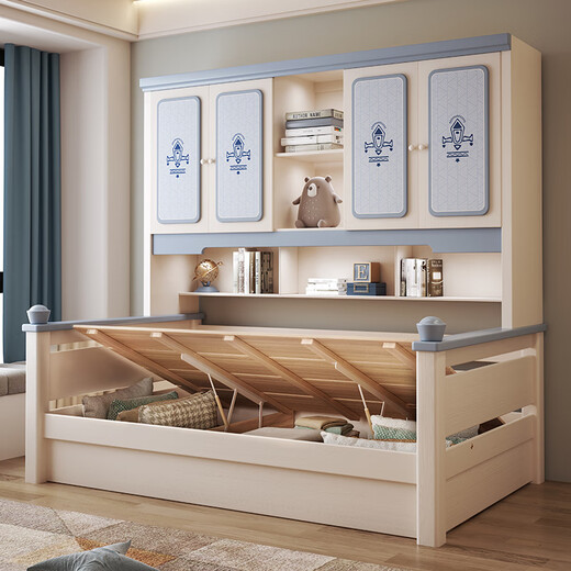 Liuge Volles Massivholzgarderobenbett integriertes Tatami-Jungen und Mädchen Kleine Wohnung Multifunktionales wirtschaftliches Einzelbett-Aufbewahrungsbett-Kleiderschrankbett + Matratze 1350 mm*2000mm
