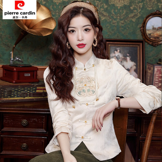 Pierre Cardin New Chinese Style Stand Collar Tassel Button Shirt Slim Fit Chinese Style Tang Suit Embroidered Jacket Women's 24 Early Spring Long Sleeve Top Apricot 2XL Size Recommendation 120-130 Jin Jin is equal to 0.5 kg