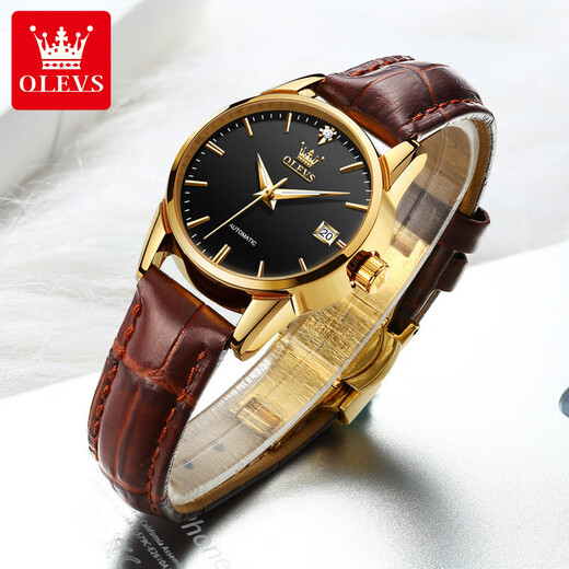 
OLEVS Swiss certified brand watch women's mechanical watch fully automatic simple temperament women's watch fashion lover gift OLEVS 6629-brown leather full gold black face women