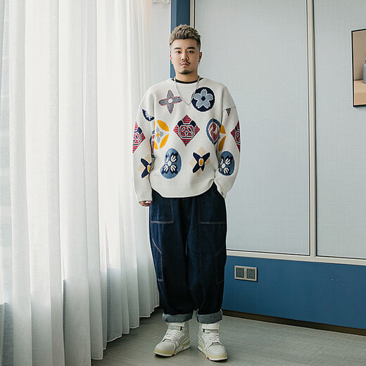 Wayne Xavier WayNexzavier plus Fett und größere trendige große Rundkragen-Mischungskontrastverdickte Pullover Männer 6630 Weißer XL (170jin [Jin entspricht 0,5 kg] -190jin [Jin gleich 0,5 kg]))