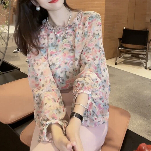 简方位欧洲站设计感气质百搭碎花圆领雪纺衬衫女春新款洋气别致长袖上衣 花色 9905 XXS  建议50斤以下