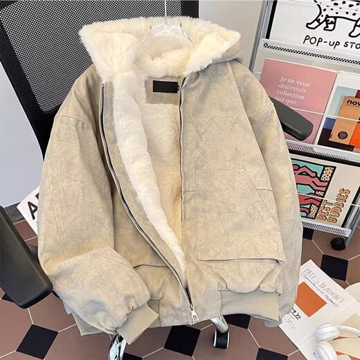 Yiran presents winter velvet thickened hooded cotton coat for men, old American high street retro youth sports warm trendy brand cotton coat, gray apricot L recommended 120-135 Jin Jin equals 0.5 kg