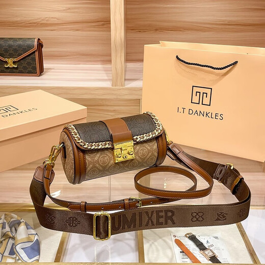 I.T DANKLES香港品牌真皮包包女包法棍包轻奢宽肩带圆筒包小众斜挎包锁扣包 棕配咖（专柜礼盒套装）