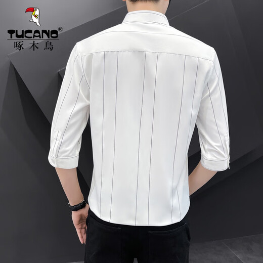 Woodpecker (TUCANO) shirt men's long-sleeved 2024 spring new fashion trendy men's versatile quarter-sleeved striped shirt men's top DC677 white XL