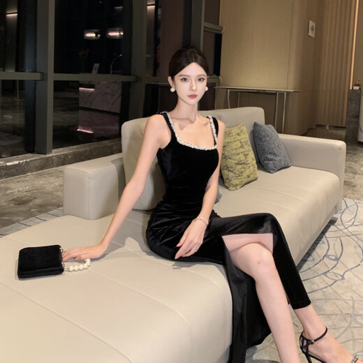 YIOU Sexy Temperament Suspender Dress Celebrity Annual Party Slim Fit Hip-covering Evening Dress Velvet Black Long Skirt 8585 Black M