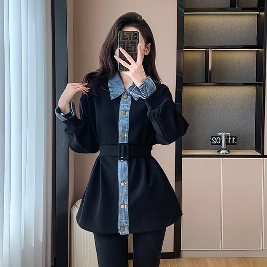 Lisaft Black Spliced Denim Sweater Women's Jacket Spring and Autumn Slim Waist Cardigan Top 2024 New Regular Black L (recommended 115-130 Jin Jin equals 0.5 kg) Lisaft Black Spliced Denim Sweater Women's Jacket Spring and Autumn Slim Waist Cardigan Top 2024 New Regular Black L (recommended 115-130 Jin Jin equals 0.5 kg)