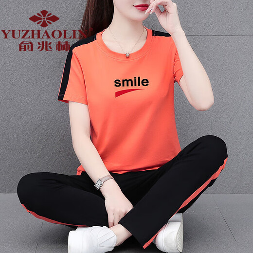 俞兆林 妈妈装夏季薄款运动套装女2024年新款装时尚夏装休闲棉短袖两件 宝蓝 [九分裤套装]WK695 M (建议80-95斤)