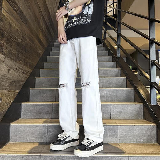 潮韩都破洞牛仔裤男生春秋夏季美式设计感修身直筒裤子潮牌显瘦休闲裤 浅蓝色G838 L
