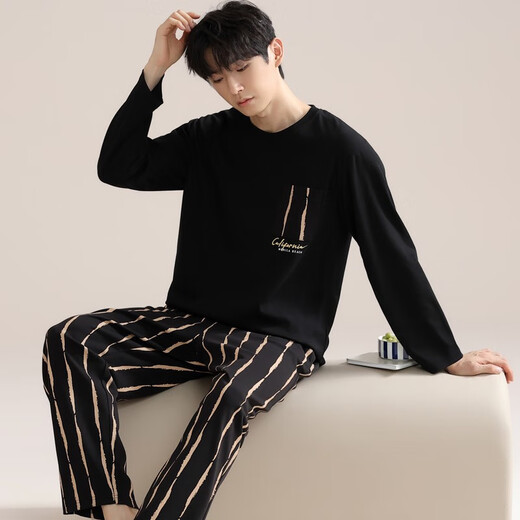 Cat men pajamas men pure cotton long sleeve trousers full cotton pullover teenagers wear large size loose home clothing suit 9249 black 3XL [recommended 160-190Jin [Jin equals 0.5 kg]]
