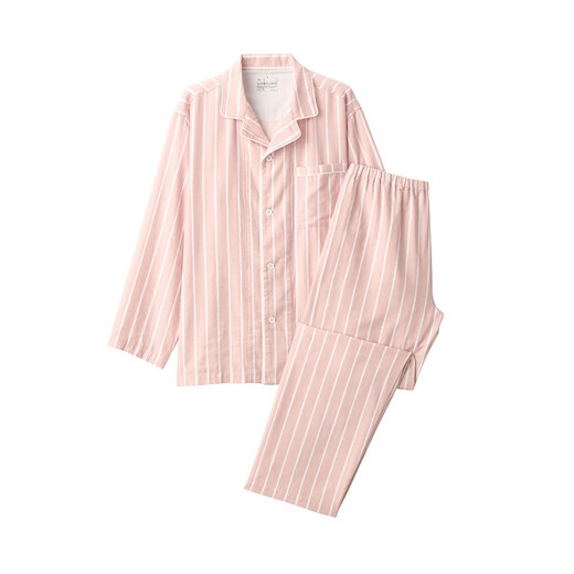 MUJI men's style, no side seams, double layer yarn, pajamas, men's home clothes, spring and autumn, FB0YDC4S, light orange stripes, M (top 170/92A, bottom 170/80A)
