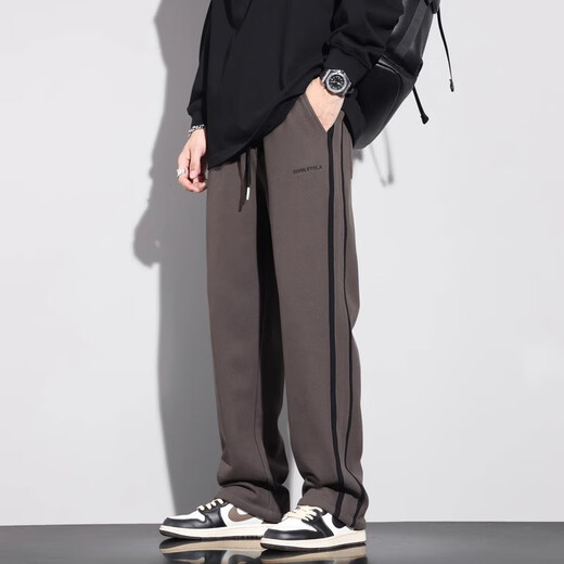 GPEJ plus velvet thickened men's pants autumn and winter side stripes black casual pants men's wide-leg straight-leg waist pants trousers winter 831 black XL