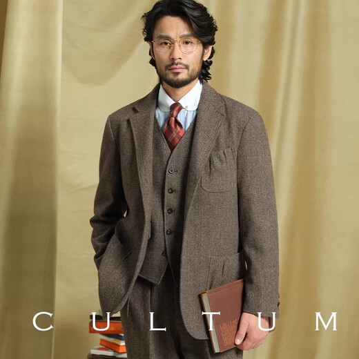 CULTUM wool tweed herringbone autumn and winter thickened wool suit suit men's casual retro suit jacket gray herringbone three-piece set S (52)