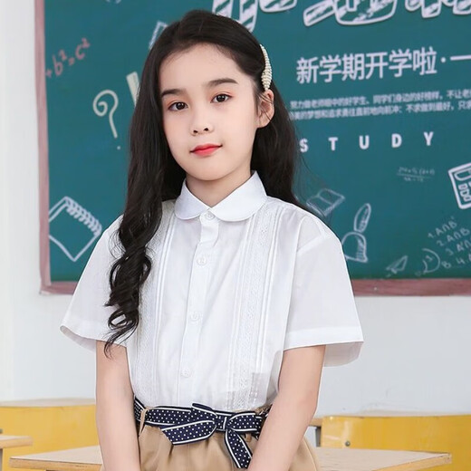 Weiman Fawn Children's Shirt Girls' Short Sleeve White Shirt Children's White Shirt Medium and Large Children's Shirt Summer 205 Lace Short Sleeve 160
