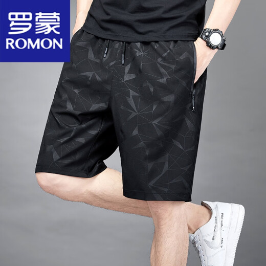 罗蒙（ROMON）五分裤男士夏季冰丝薄款速干透气休闲宽松加大码运动短裤沙滩裤子 7029黑色 2XL 140-155斤