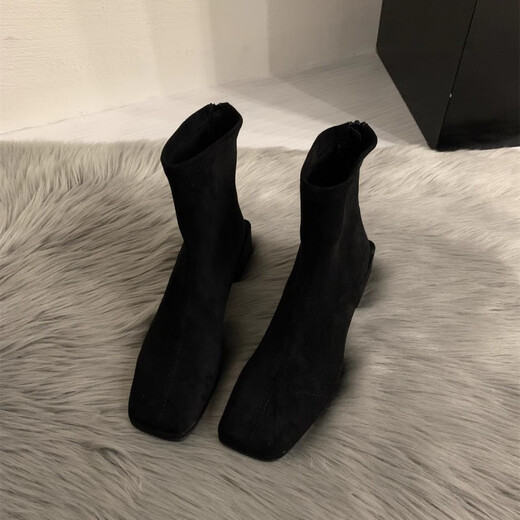 
CEOCK autumn and winter wool elastic socks boots for women Martin boots thin boots short boots thick heel medium heel plus velvet nude boots B679-1 black velvet 36