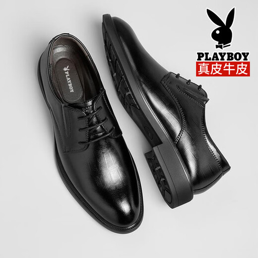 Chaussures en cuir Playboy pour hommes 2025 Nouvelle entreprise de cuir authentique usure formelle Men's Haut-Haut-Haut Derby Chaussures pour les mariés de mariage et les garçons les meilleures chaussures de la hauteur intérieure noire-12357 42 Taille de chaussure en cuir standard