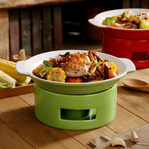 Duo Meiran hotel ceramic casserole dry pot pot commercial restaurant alcohol stove heating candle insulation open stove pot small hot pot 9-inch red (dual ears) shallow pot + stove base round body