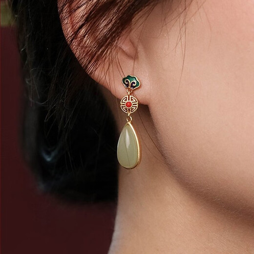 Tongrubi Chinese retro style Hetian jade earrings earrings enamel painted Chinese earrings cheongsam tassels golden CP695-Bird-Bird Earrings