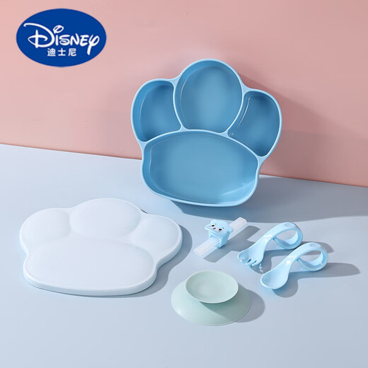 迪士尼（Disney）宝宝吃饭餐具全套婴儿餐盘吸盘式食品级儿童餐盘勺叉吸管吸盘 乐康可爱猫爪餐盘-蓝色 带防尘盖