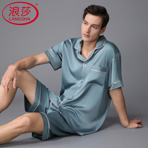 浪莎（LangSha）轻奢睡衣男夏季冰感长袖长裤薄款春秋真丝春夏大码欧美感新款 黑灰色 3899 L （体重-130斤）
