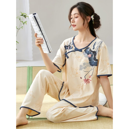 浅伊琳女士短袖睡衣套装夏季薄款长裤夏天新中式国风仿棉家居服可外穿 l9905 M  (建议75-95斤)