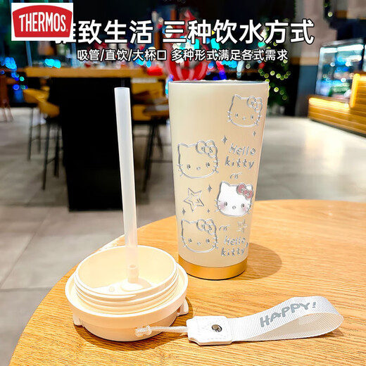 膳魔师（THERMOS）凯蒂猫保温杯大容量学生杯子便携双饮口咖啡吸管水杯新款女高颜值 BXAB12243美乐蒂+配挂绳 陶瓷内胆