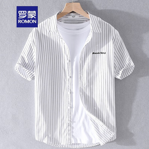 罗蒙（ROMON）日系条纹刺绣短袖衬衫男夏装新款休闲文艺上衣宽松半袖潮流衬衣潮 9721黑色 M100-120斤左右