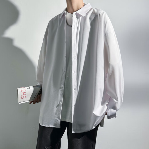 Homlean Japanese simple long-sleeved shirt men's autumn casual inner wear high-end lapel jacket HL11 white 2XL