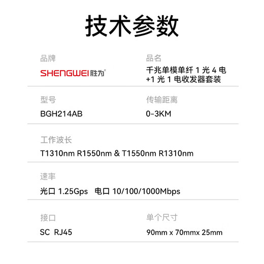 Shengwei BGH314AB Gigabit single-mode single fiber optical fiber transceiver photoelectric converter 1 optical 4 electrical + 1 optical 1 electrical set SC interface 3KM kilometers one pair