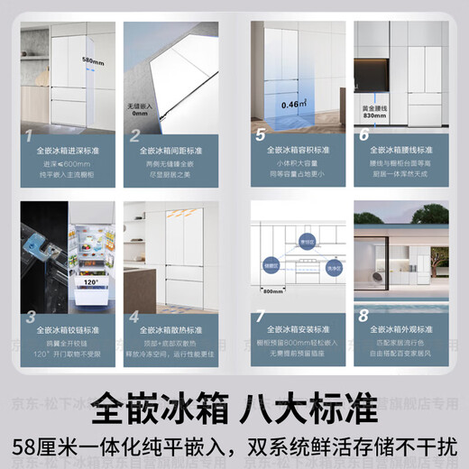 Panasonic Dabai 464L French-style multi-door refrigerator household ultra-thin zero-embedded frequency conversion dual system air-cooled frost-free first-class energy efficiency NR-EW46TGB-W national subsidy