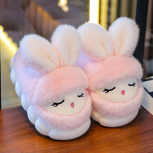 Candy parent-child winter children's cotton slippers, cute rabbit warm plus velvet for boys and girls at home, non-slip soft bottom baby cotton slippers, cute rabbit slippers - pink, size 34-35, inner length 20.5cm