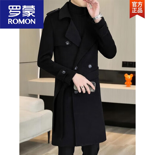 ROMON woolen coat men's mid-length handsome belt slim woolen woolen coat double-sided woolen windbreaker black 2XL 185 recommended 140Jin Jin equals 0.5kg -155Jin Jin equals 0.5kg