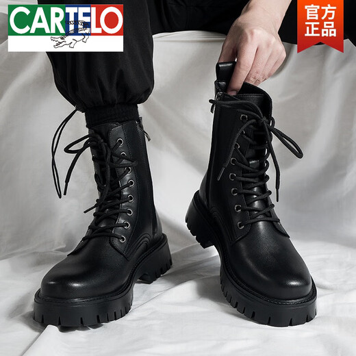 卡帝乐鳄鱼（CARTELO）英伦风ins黑色马丁靴男潮流秋季新款真皮工装机车靴韩版高帮靴子 黑色 43