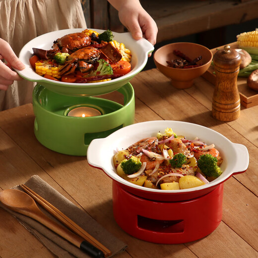 Duo Meiran hotel ceramic casserole dry pot pot commercial restaurant alcohol stove heating candle insulation open stove pot small hot pot 9-inch red (dual ears) shallow pot + stove base round body