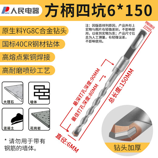 People's electric hammer drill square handle four-pit through-wall cement concrete wall opening construction impact drill bit 6*150
