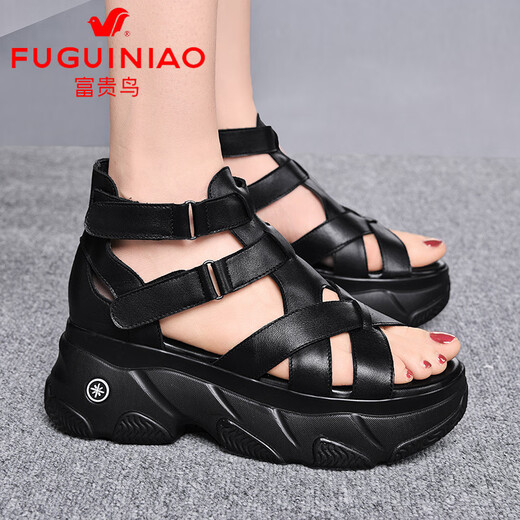 Fugui Bird Sponge Cake Thick-soled Sandals for Women in Summer New Casual Daddy Shoes Real Cowhide Retro Soft Sole Roman Fish Mouth Shoes Women Black 36