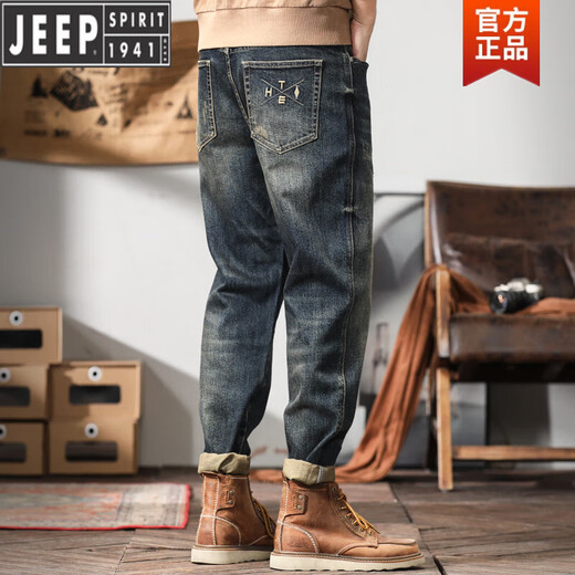 JEEP SPIRIT宽松牛仔裤男秋冬季大码弹力小直筒美式潮流休闲复古哈伦长裤子男 蓝色 复古蓝款6802 常规 42 220-240斤