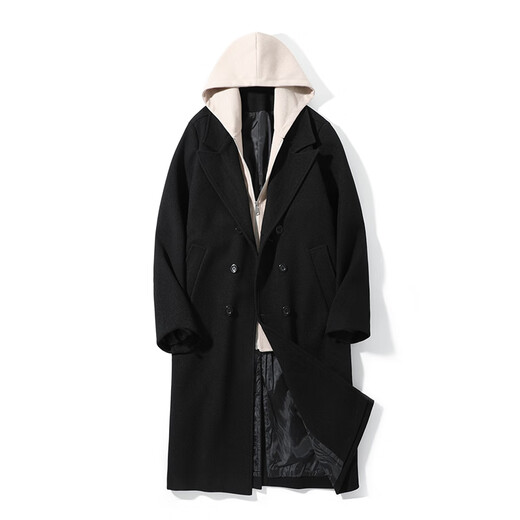 Mufan cotton autumn and winter thickened warm fake two-piece woolen coat men's casual large size loose long knee-length hooded windbreaker jacket black hat thickened XL suitable for 150 to 170 Jin Jin equals 0.5 kg