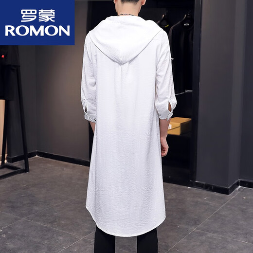罗蒙（ROMON）防晒风衣男士中袖薄款长款开衫上衣夏季新款纯色简约短袖外套男 白色902中袖翻领长款 M