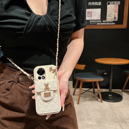 Luo Luou Huawei nova13 mobile phone case crossbody lanyard shell nova13Pro chain strap MIS-AL00 silicone shell protective case oblique cross-card bag anti-fall full-pack soft shell women's model [White-diamond bear card bag model] + crossbody lanyard + screen protector Huawei nova13