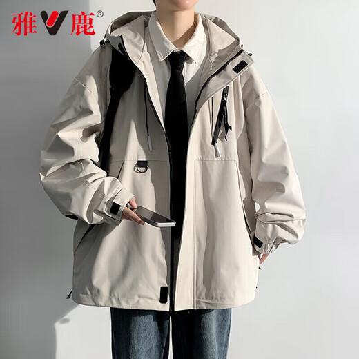 Yalu Jacket Outdoor Men's Jacket Hooded Waterproof Windproof Loose Jacket Men's Youth Mountaineering Jacket All-Match Top Khaki M (Recommended 115-130 Jin Jin equals 0.5 kg)