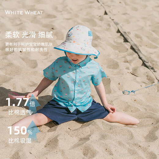 White wheat children's summer clothes 2024 new shirts for men and women baby casual pure cotton style short-sleeved floral shirt blue 80 80cm