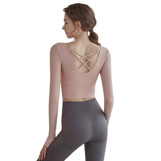 Youyou yoga clothes for women 2025 spring and summer new sports tops running Pilates training fitness clothes long-sleeved suit apricot top fixed cup breast pad + black pants M (recommended 105-120 Jin Jin equals 0.5 kg)