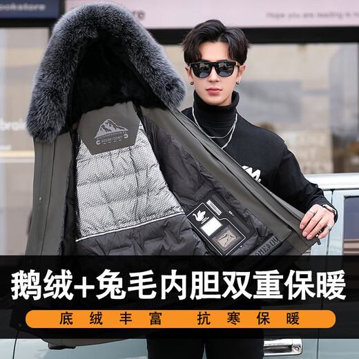 卡搭新款派克服男獭兔毛鹅绒内胆羽绒服皮毛一体皮草大衣连帽时尚外套 蓝灰色 鹅绒+獭兔毛+兔毛袖 M 165