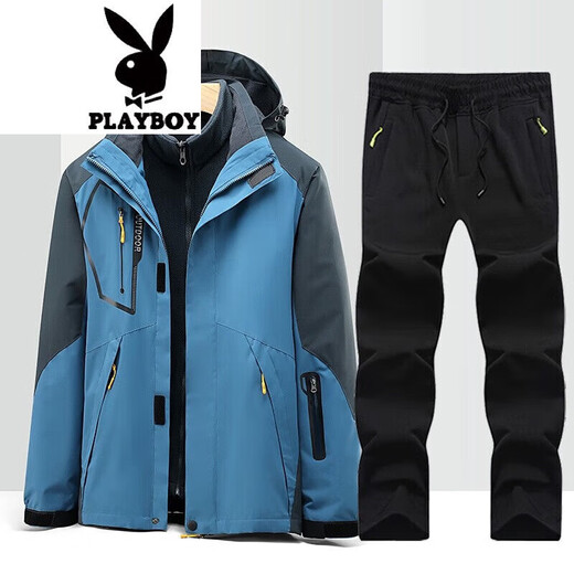花花公子（PLAYBOY）夹克外套男秋冬季防风冲锋款衣裤套装男三合一两件套登山服 MK-1203黑色+8369黑色 XL 建议140-160斤