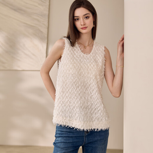 ROEYSHOUSE ROYSHOUSE Fashion Tassel Sleeveless Shirt for Women 2025 Summer New Temperament Solid Color Round Neck Slim Body 11979 Bei White M