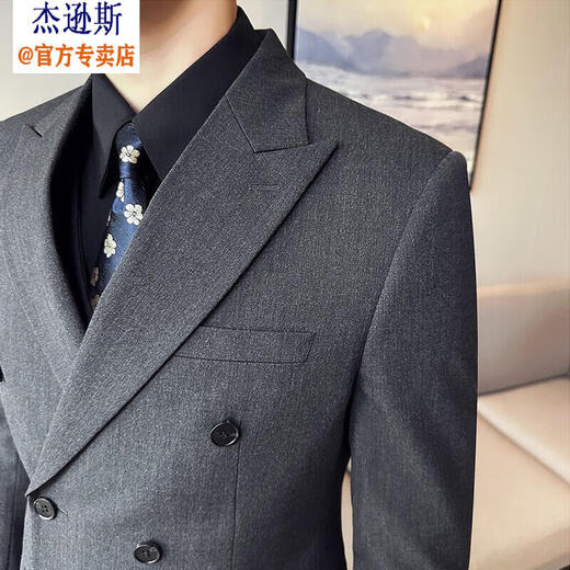 Jason's British business gun lapel double-breasted slim suit suit men's light luxury wedding dress groom's suit three-piece suit 338 black (suit + pants) XL