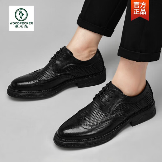 Woodpecker leather shoes men's genuine leather summer breathable hollow casual Brock carved British soft sole men's business wedding sandals black 1381 sandals model 38 standard leather shoe size