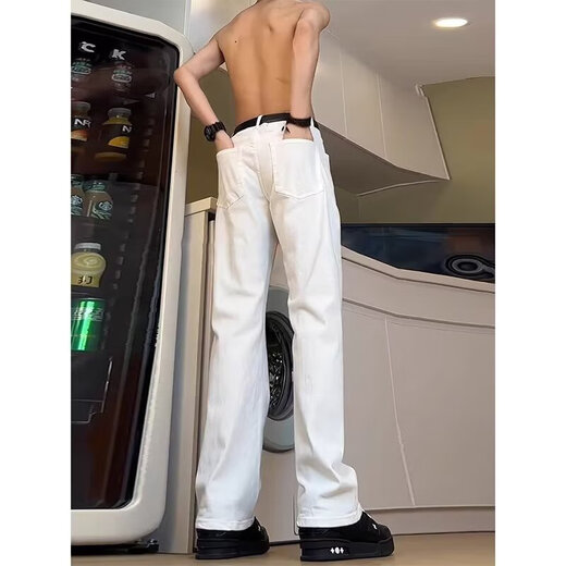 迪伽达 白色牛仔裤男士宽松春季新款美式高街高腰窄版微喇显瘦裤子男 HCFS-2076白色 M